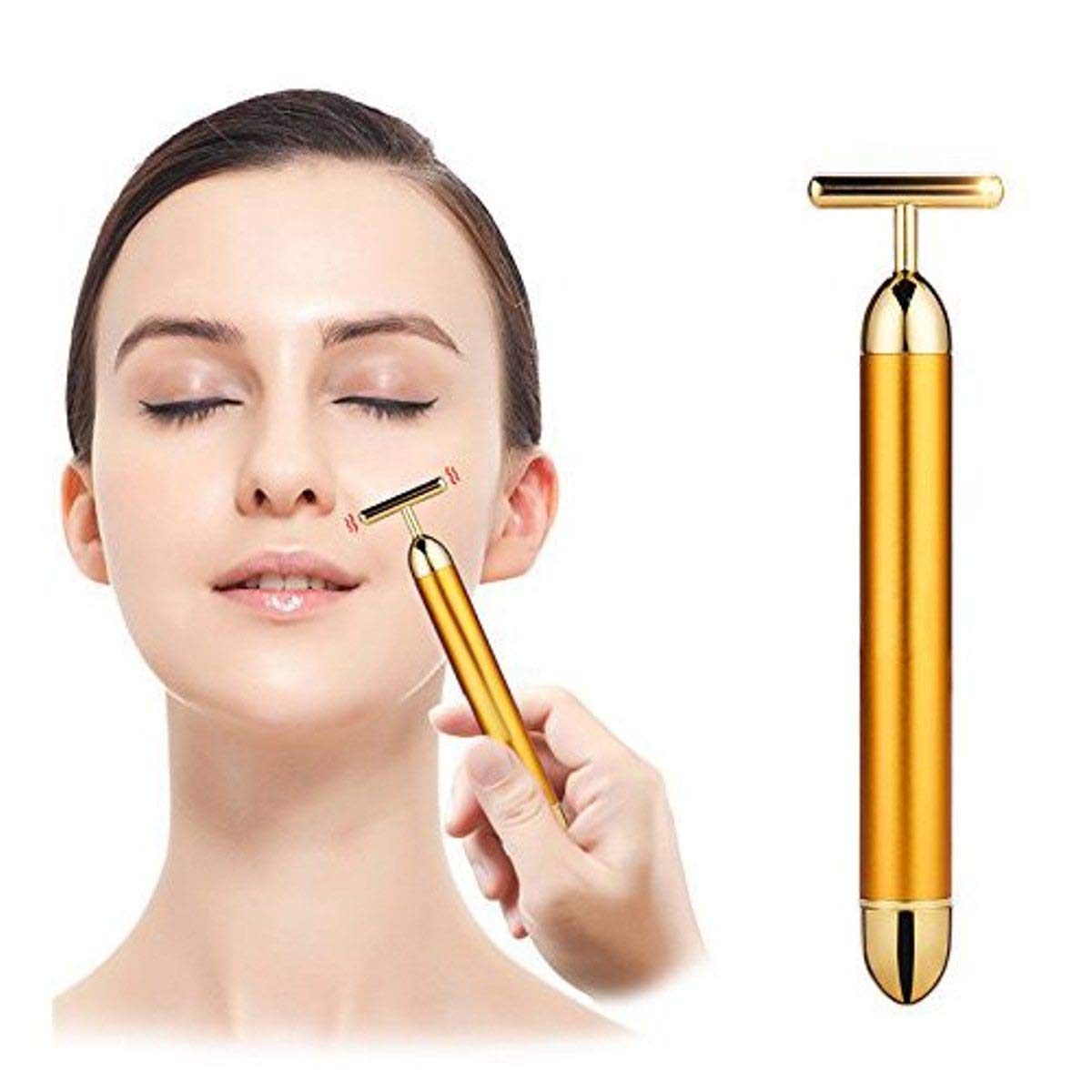 Dealsure 24k Gold Energy Beauty Bar Electric Vibration Facial Massage Roller Waterproof Face Skin Care T-Shaped Anti Wrinkle Massager for Forehead Cheek Neck Clavicle Arm (Gold Colour)