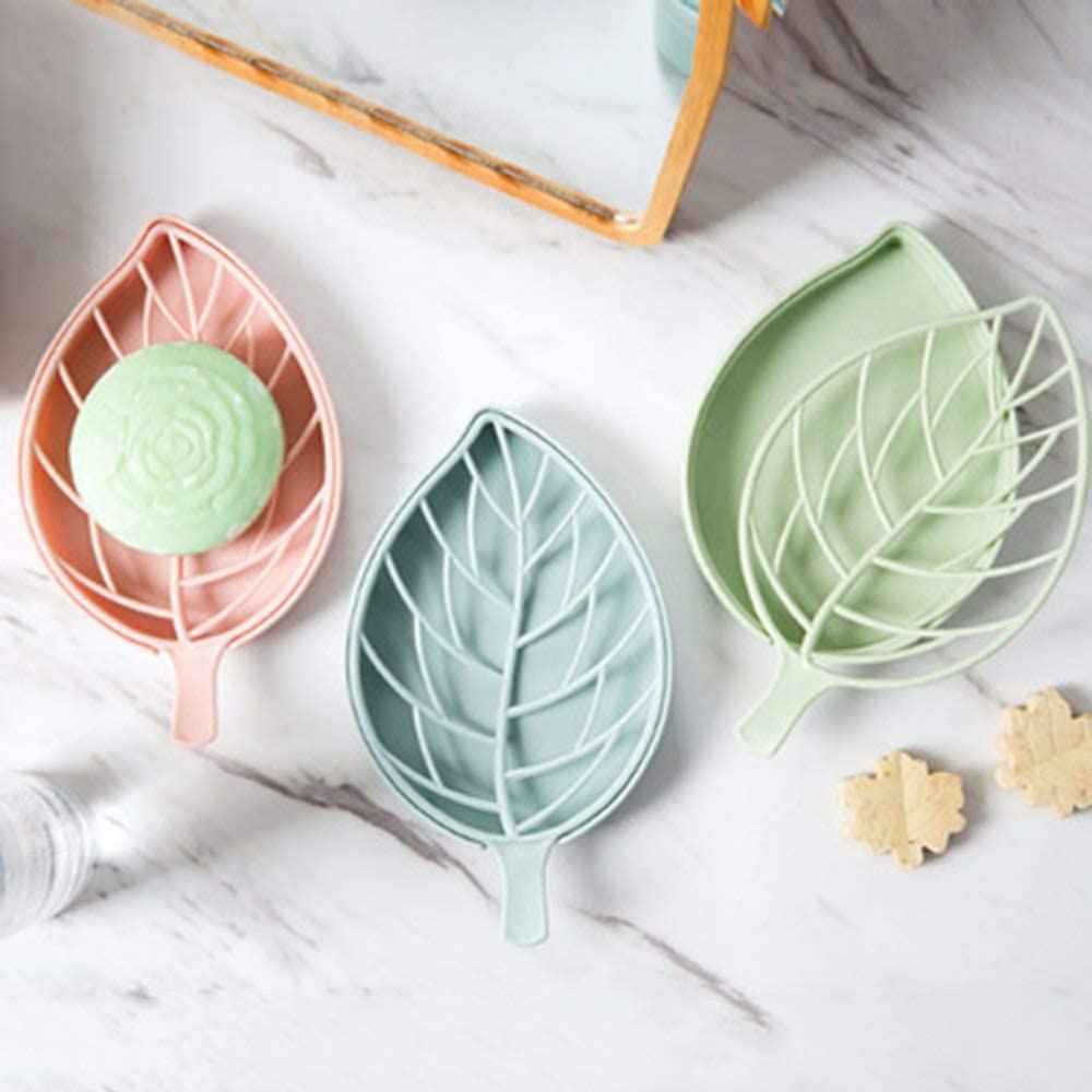 Primelife Plastic 3Pcs Beautiful Leaf Shape Double Layer Soap Dish Holder,Clean Soap Holder,with Soap Dish Case Holder, Bathroom, Kitchen Sink -Multicolor (Leaf Soap Dish - Set of 3)