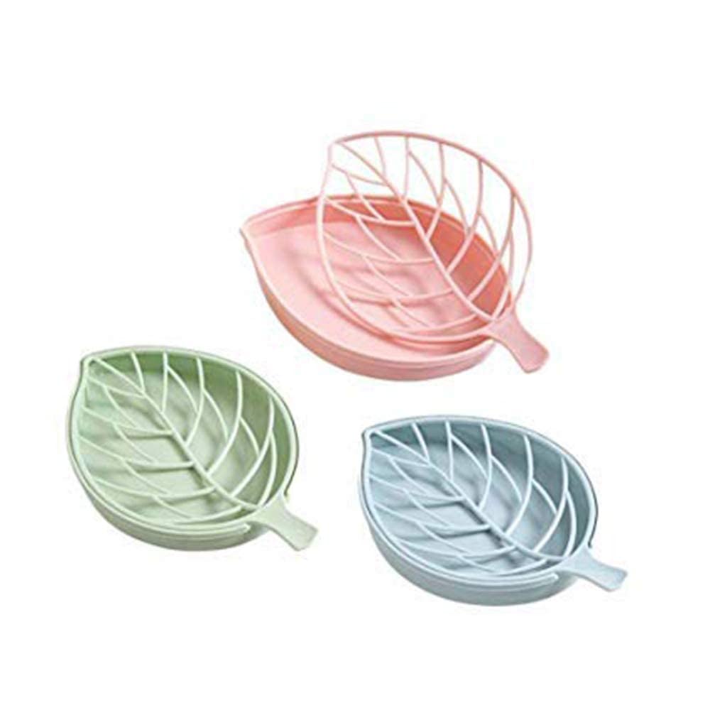 Primelife Plastic 3Pcs Beautiful Leaf Shape Double Layer Soap Dish Holder,Clean Soap Holder,with Soap Dish Case Holder, Bathroom, Kitchen Sink -Multicolor (Leaf Soap Dish - Set of 3)