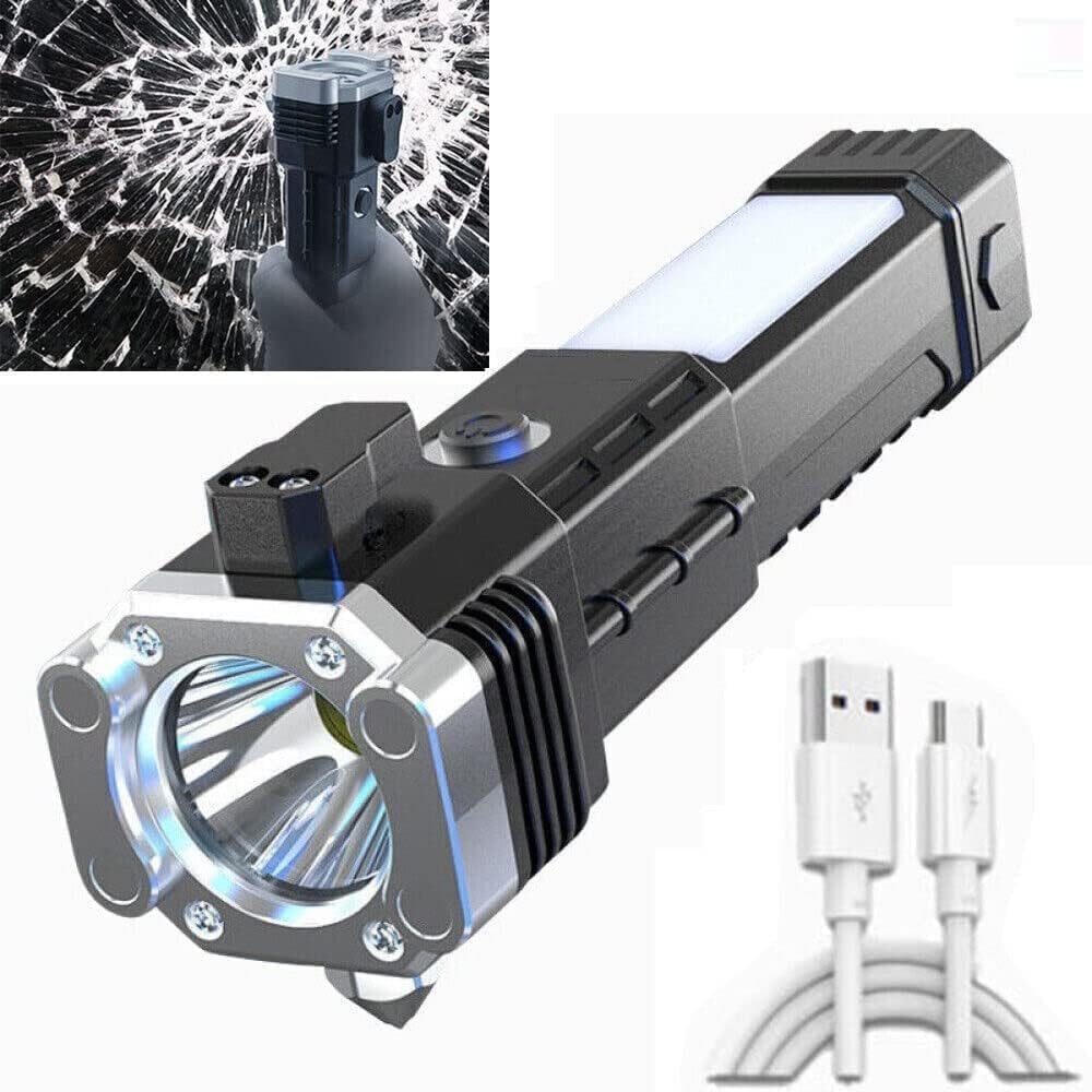 Elite Gourmet Torch Light,LED 3W Torch Light Rechargeable Torch Flashlight,Long Distance Beam Range Car Rescue Torch with Hammer Window Glass Built Portable Rechargeable (1 in 1, High, 5000 lux)