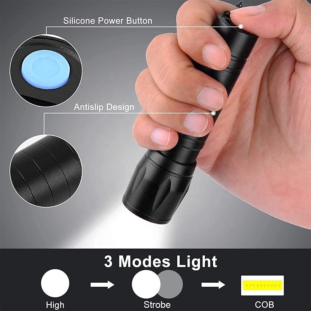 Travel Curry - USB Rechargeable Mini Pocket Torch Light for Emergency with Carry Case & Hanging Rope | Small Size Waterproof Portable LED Flashlight with 3 Modes COB (Torch Type - Black)