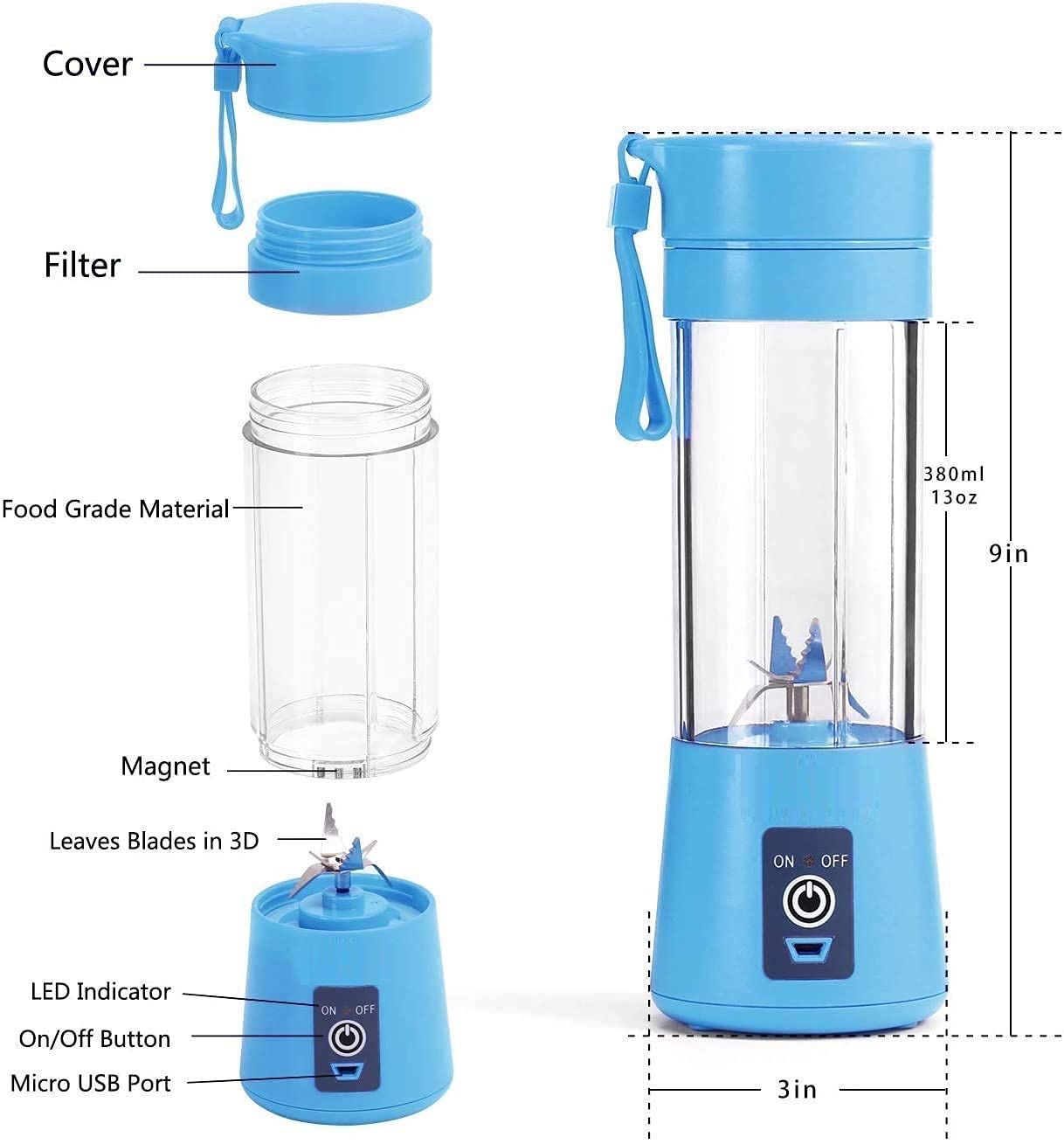 Portable 6-Blade Electric Juicer Blender with built-in Jar, Juicer Mixer Bottle,Fruit Juicer Machine,USB Rechargeable Personal Size Juicer Grinder Mixers (MULTI COLOUR)