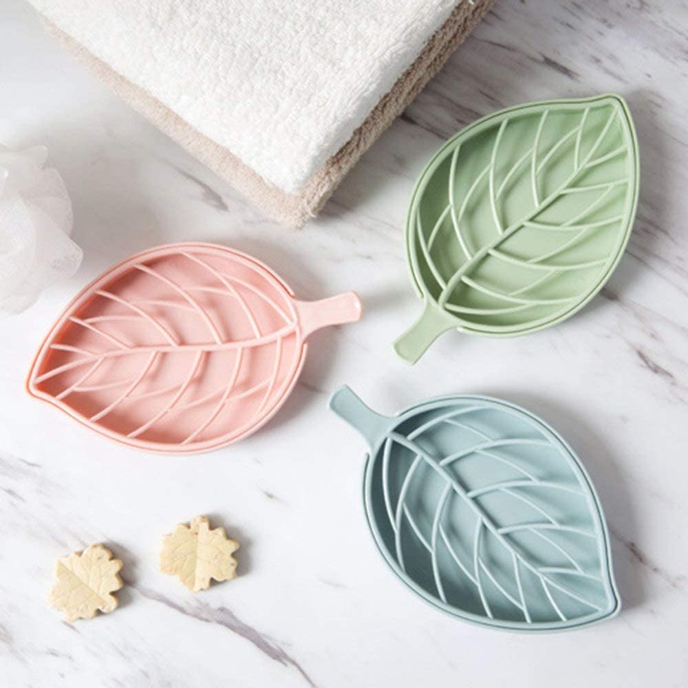 Primelife Plastic 3Pcs Beautiful Leaf Shape Double Layer Soap Dish Holder,Clean Soap Holder,with Soap Dish Case Holder, Bathroom, Kitchen Sink -Multicolor (Leaf Soap Dish - Set of 3)