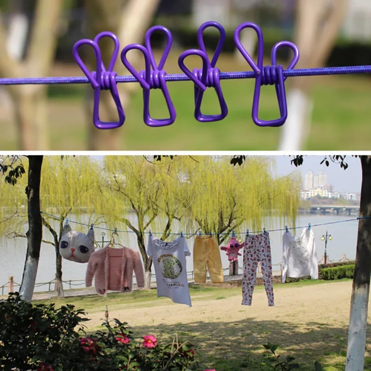 TEKCOOL Cloth Drying Rope with Hooks (Pack of 1) Elastic Cloth Hanging Rope for Cloth Drying with 12 Clips Cloth Rope for Drying Clothes for Travel Home Outdoor Kapde Sukhane ki Rassi Wire -Multicolor