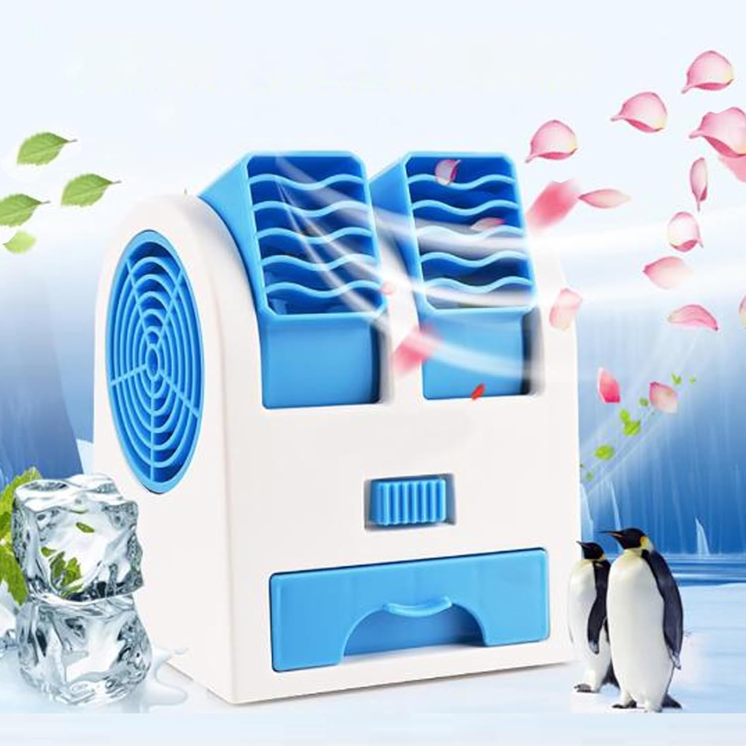EYUVAA LABEL Portable Mini Cooler AC USB and Battery Operated Mini Water Air Cooler Cooling Fan Duel Blower with Ice tray Chamber Mini Fan for kids,Table Fan for Travel,Office, Kitchen (Multicolour)
