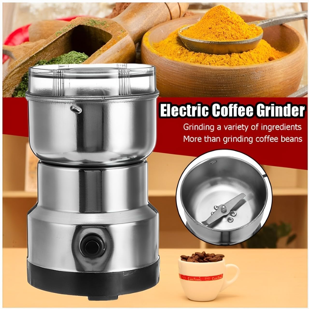 Hempi Homes Nima Stainless Steel Multifunctional Electric Grinder & Coffee Maker - Mini Spice, Coffee, and Masala Grinder for Beans, Nuts, and Grains - Household Mixer Grinder (Silver)