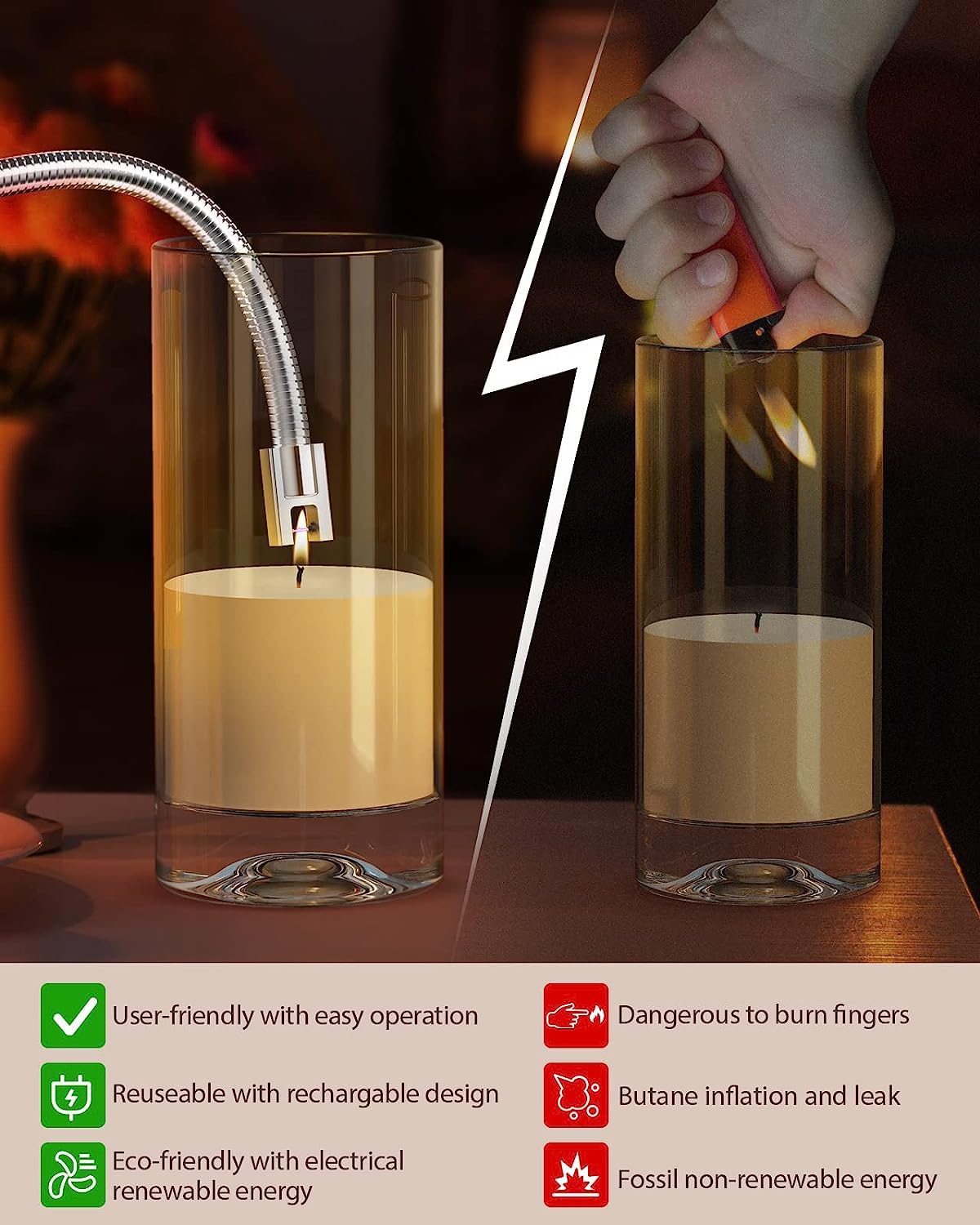 Ronxs Electric Lighter, Candle Lighter Electric USB Rechargeable Lighter with Battery Display, Longer Flexible Neck Windproof Plasma Arc Long Lighters for Candles Fireworks - Plastic